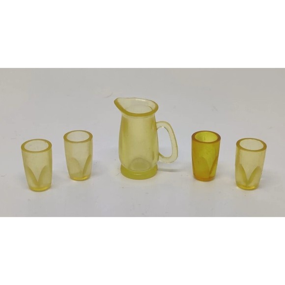 Vintage Barbie 70s 80s Mattell Translucent Amber Pitcher 4 Drinking Glasses Set - Picture 2 of 7